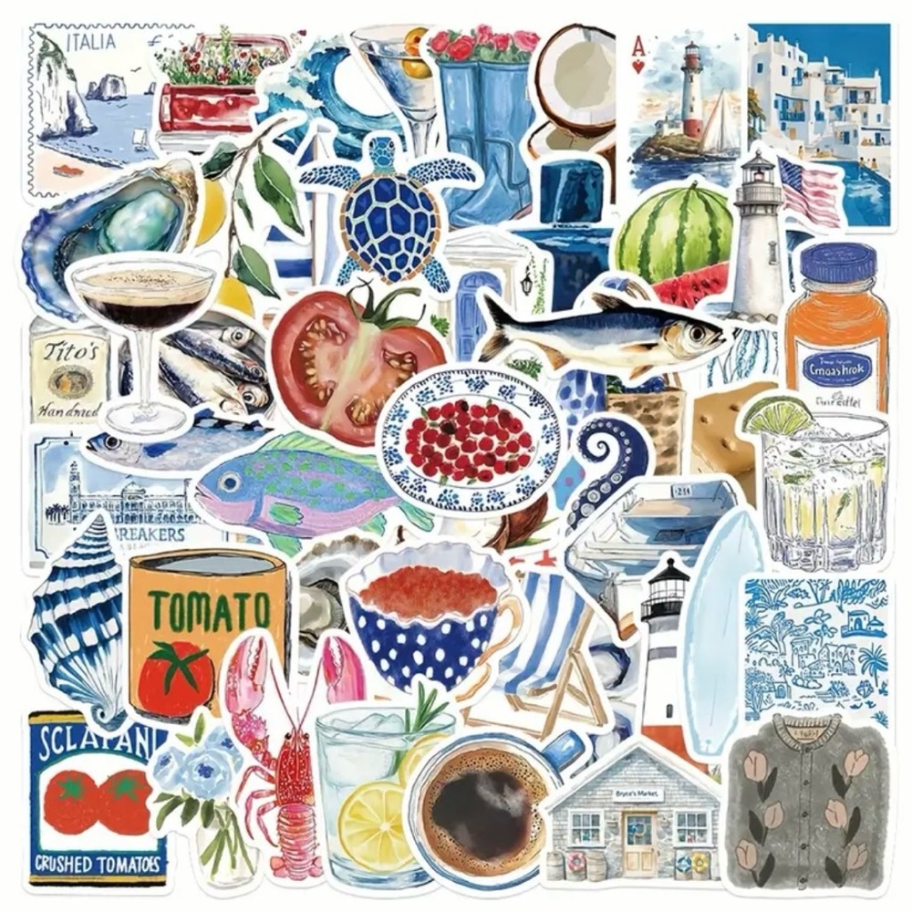 Colorful Italian-Themed Stickers Set of 50 Nautical Sailing Amalfi Tomato Drinks - Picture 2 of 9